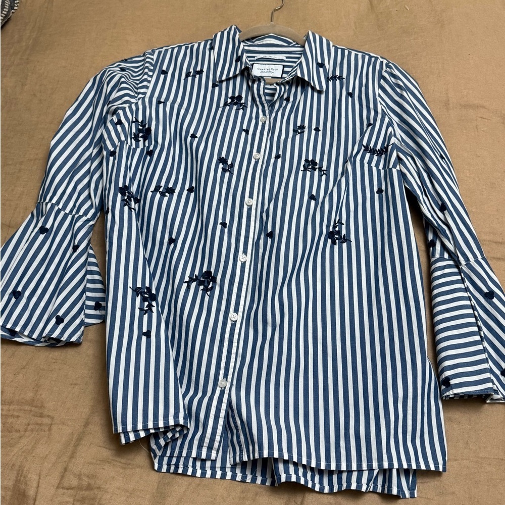 Charter Club relaxed fit navy Striped Button-Up Shirt with Embroidery